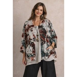 Transparente Black‎ Label Linen Blend Top Jacket One Size Germany Abstract Print